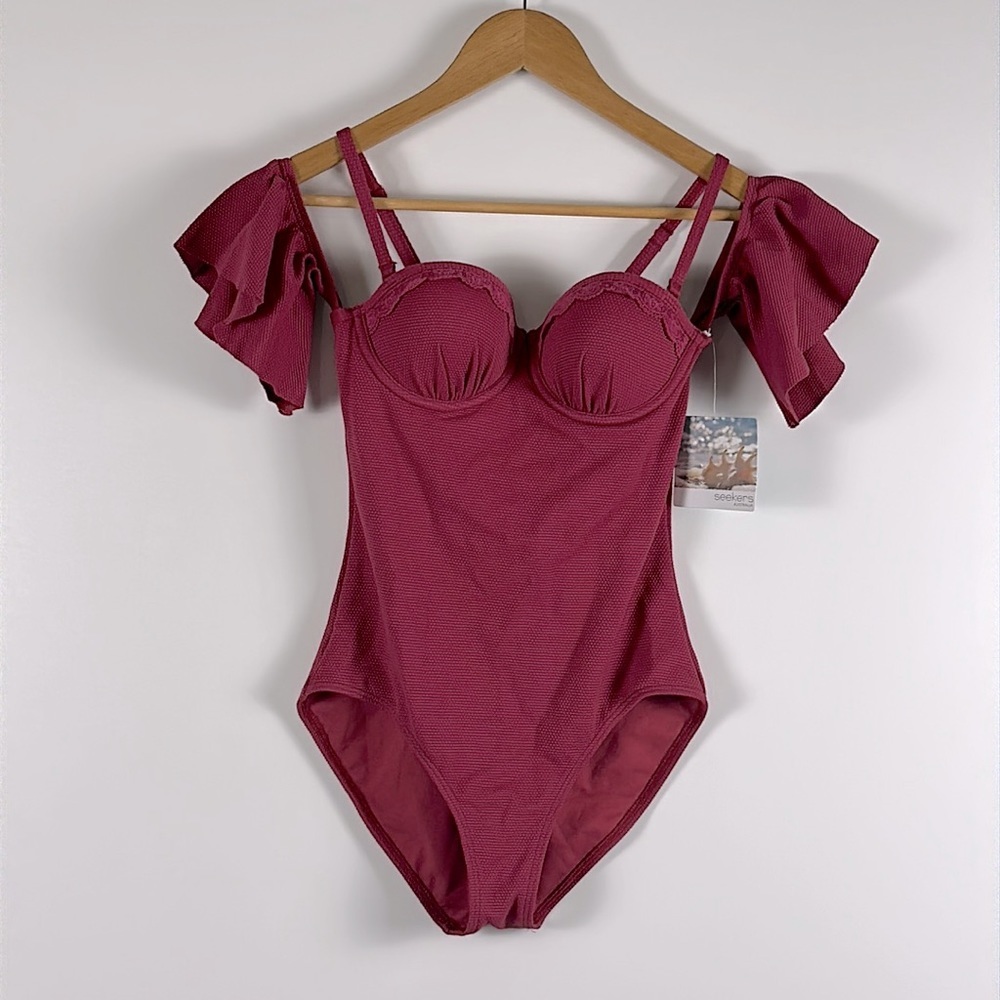 {Seekers Australia} Berry Off Shoulder Ruffle Sleeve Formed Bust One Piece Sz 6